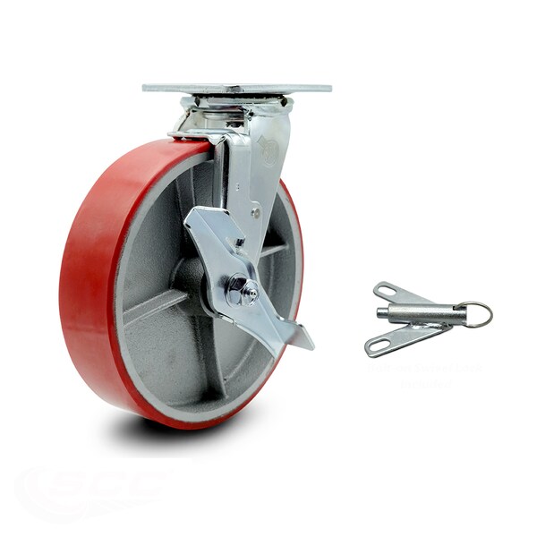 8 Inch Red Poly on Cast Iron Caster with Ball Bearing and Brake/Swivel Lock SCC
